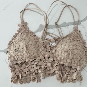 HYFVE Tan Crochet Crop Top with Floral Lace